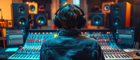 A sound engineer sitting at a mixing console in a stateoftheart recording studio, wearing trendy clothes and big headphones, back view