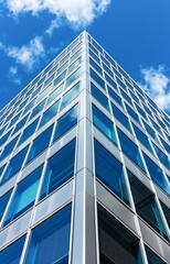 Obraz premium Abstract modern glass office building in downtown, view from below