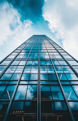 Obraz premium Abstract modern glass office building in downtown, view from below