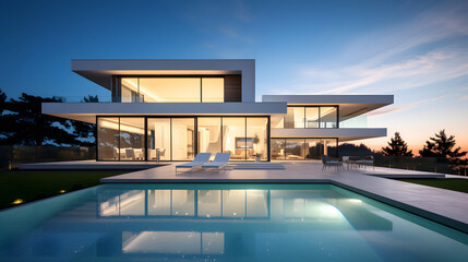 Fototapeta premium Modern Luxury Home with Pool and Sunset Lighting