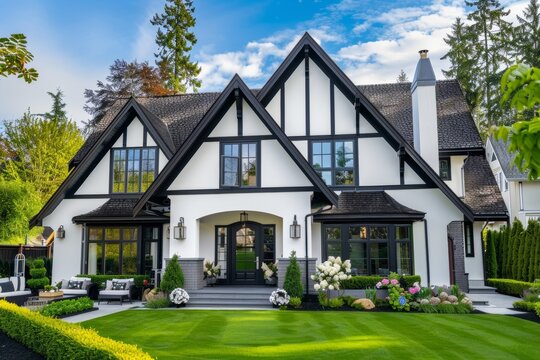 Modern White Tudor House With Black Trim and Lush Greenery in a Residential Neighborhood