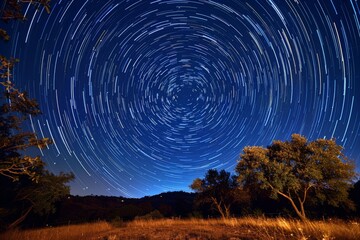 Fototapeta premium Star Trails Over Silhouetted Trees at Dawn