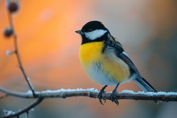 Fototapeta premium Colorful Bird Perched on Frosty Branch at Sunrise