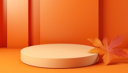 Autumn background,Fall Studio Podium Display with Shadow Leaves on Orange Stand,Backdrop Scene for Thanksgiving Advertising