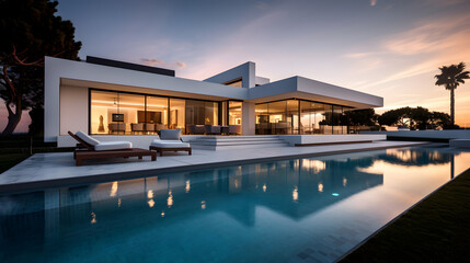 Fototapeta premium Luxury Modern House with Pool and Sunset Reflections