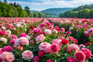 blooming rose field in morning. Flower farm cultivation