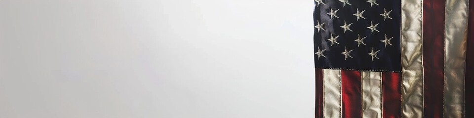 An American flag hanging straight against a white background, highlighting the symmetry of the design.