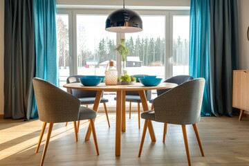 Fototapeta premium Modern Dining Room Interior With Light Wood Table and Blue Curtains