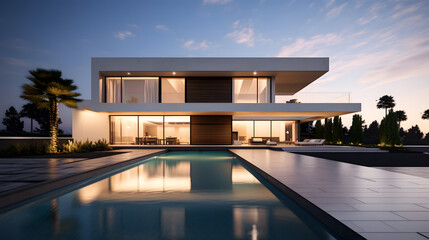 Fototapeta premium Modern Luxury House with Infinity Pool and Night Lights