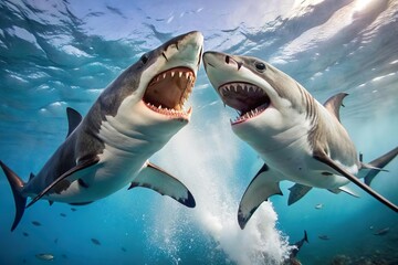 Fototapeta premium two sharks attack and fight under the sea