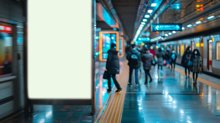 Fototapeta premium Blank white digital sign billboard poster mockup in train station during evening. Empty advertisement light box on the underground subway hall. Generative ai.