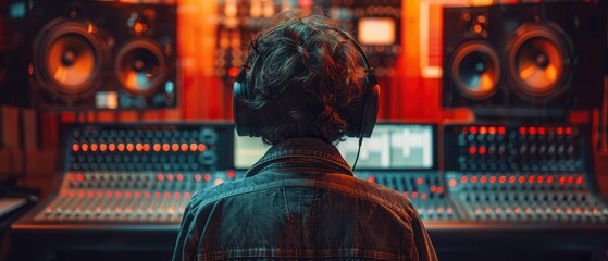 An individual focused on sound editing in a hightech recording studio, trendy outfit and large headphones, back view