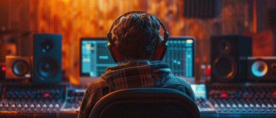 An individual focused on sound engineering in a hightech studio, stylish attire and large headphones, back view