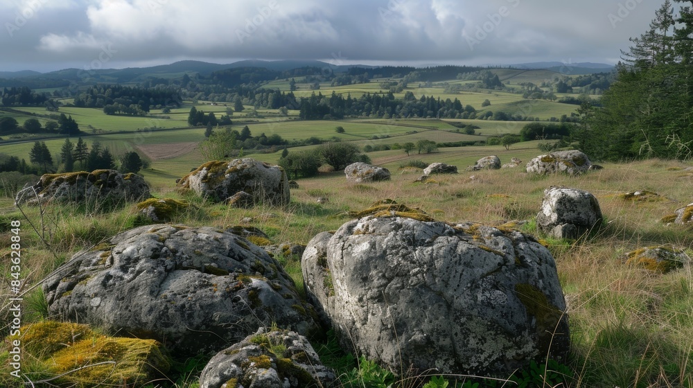 Poster a of glacial erratics tered across a valley each one unique and stoic in its own way.