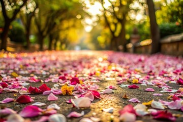 sakura flower petals fall on the ground. Japanese cherry blossom season
