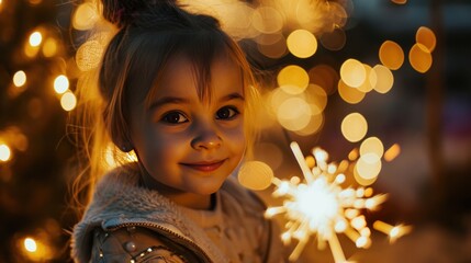 Fototapeta premium Little girl play with sparkler fireworks in holiday celebration event party.