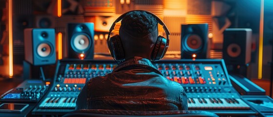 An individual sitting at a digital audio workstation in a stylish recording studio, wearing big headphones, from behind