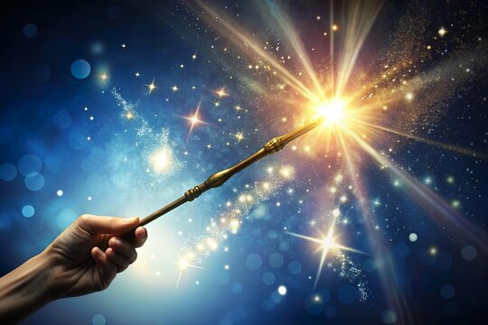 hand hold wooden magic wand casting spell with glowing light