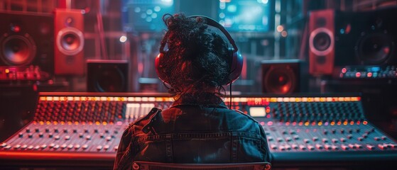 An individual sitting at a digital audio console in a stateoftheart studio, fashionable clothes and large headphones, back view