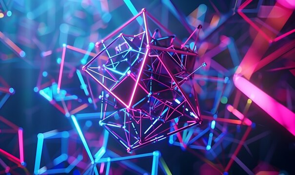 Colorful 3D cubes with neon lights on dark background. Abstract geometric composition.