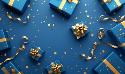 Dark blue gifts with a golden bow, tinsel and confetti on blue background with copy space, top view