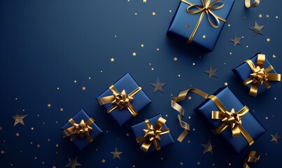 Dark blue gifts with a golden bow, tinsel and confetti on blue background with copy space, top view