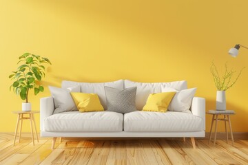 White Sofa With Yellow Pillows in a Room With a Yellow Wall