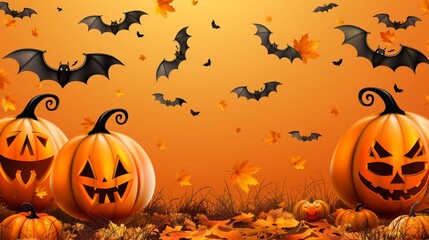 3d illustration Happy Halloween holiday concept. Halloween decorations, pumpkins, bats, maple leaves on orange background. Minimal style, Flat lay