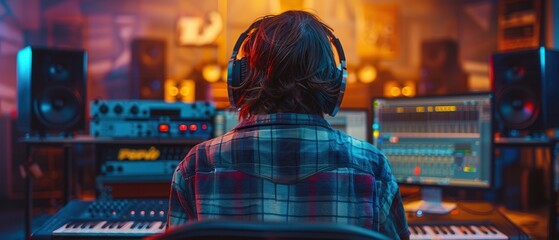 Obraz premium An individual working on music production in a modern studio, trendy clothes and large headphones, back view