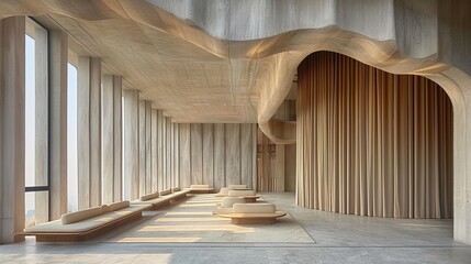A view of a modern interior with wooden accents and large windows in a contemporary building