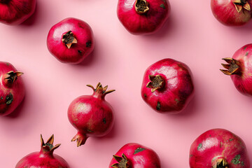 pomegranate fruit set, fresh ripe pomegranates with this captivating top view flat lay image set against a soft pink background