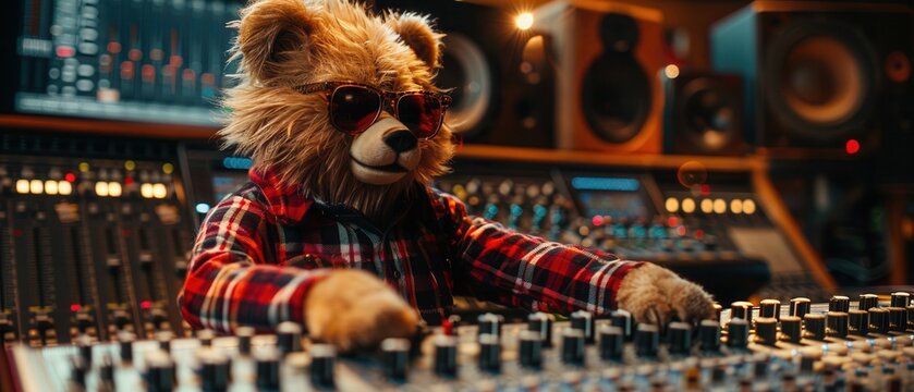 Bear wearing plaid shirt and sunglasses at sound control console