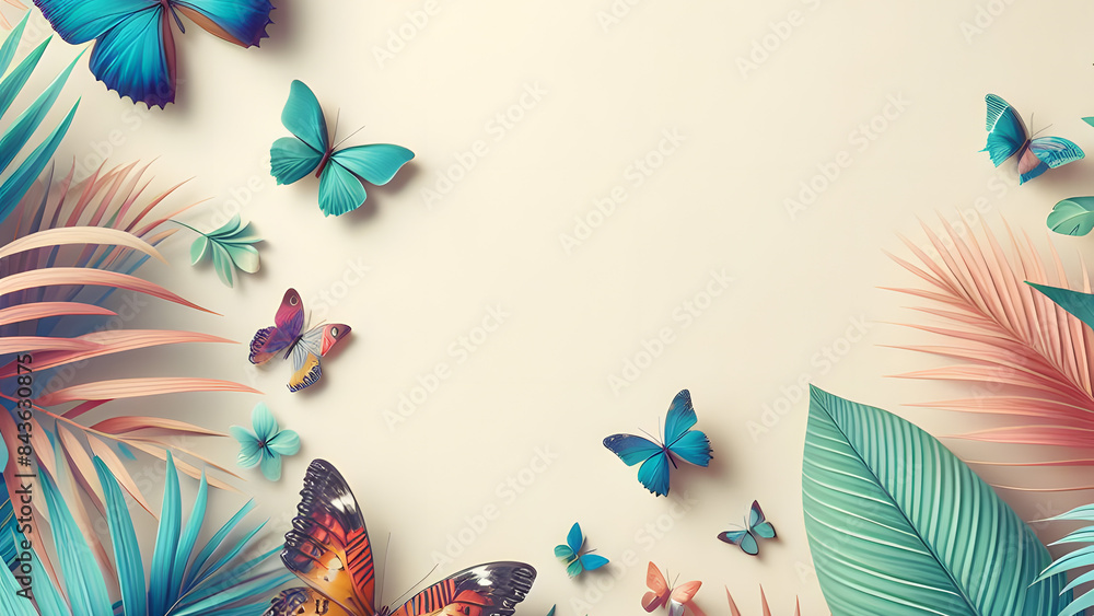 Wall mural a colorful collection of leaves and butterflies. collection of plants with the words butterfly. leav - Wall murals