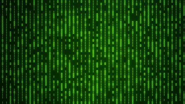 Abstract binary code background. Green numbers 0 and 1 display on computer screen top view. Digital technology, big data, cyber reality and programming concept. 4K video animation 3d rendering.