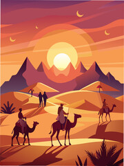 Nomads riding camels at sunset