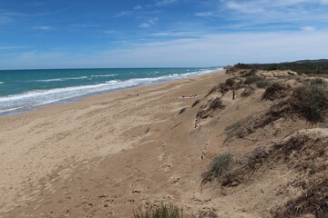 Guardamar del Segura, Alicante, Spain, May 8, 2024: Great Viveros beach in Guardamar del Segura, Costa Blanca, Alicante, Spain