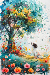 A pet dog sits under a tree in a painting, surrounded by colorful flowers