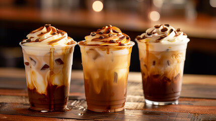 Iced caramel latte in a tall glass with drips of caramel sauce, fancy coffee drink. Cold cream coffee. Frappuccino.
