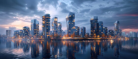 Fototapeta premium Contemporary waterfront development with sharpedged buildings reflecting in the water