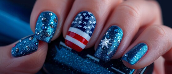 Hand holding a blue nail polish bottle, nails painted blue with one accent nail featuring the American flag, Realistic, High contrast 8K , high-resolution, ultra HD,up32K HD