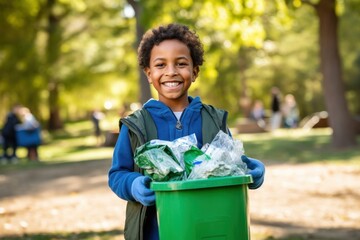 Kids volunteer holding recycling basket garbage smile child. - Powered by Adobe