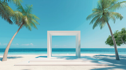 3D product display on a tropical beach with palm trees and clear blue sky 
