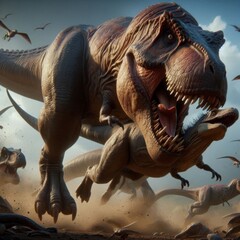 Detailed 4K image of Tyrannosaurus Rex hunting prey