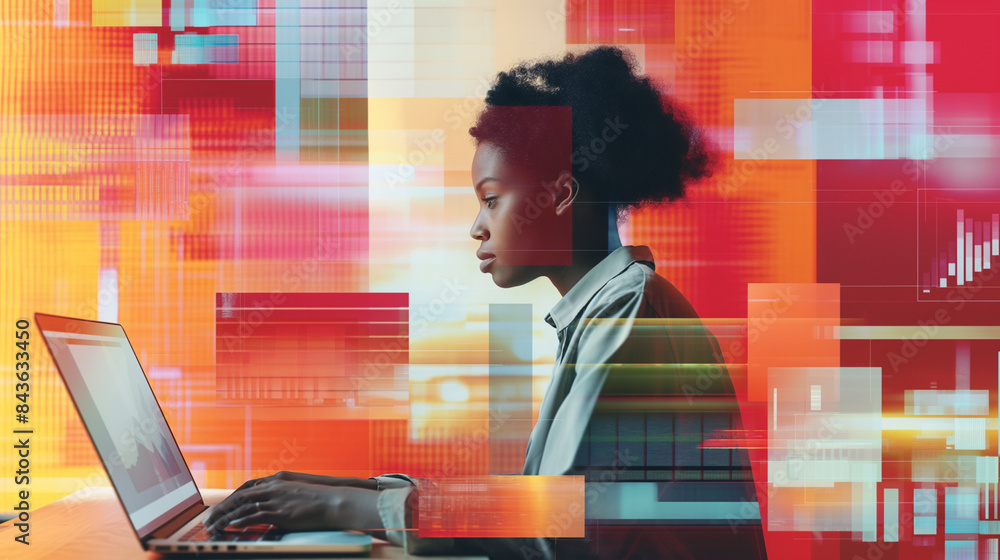 Poster abstract collage of laptop screen displaying data and person working