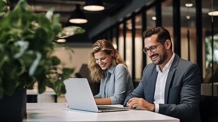 Smiling Businessman Working on Laptop in Modern Office