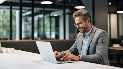 Smiling Businessman Working on Laptop in Modern Office