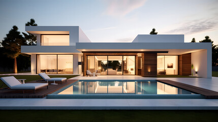 Fototapeta premium Contemporary House with Pool and Evening Ambiance