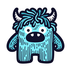 cute funny cartoon blue monster with horns drawing
