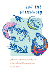 Shrimp with lemon. Vector poster on the theme of sweet life, sweet tooth, hand-drawn drawings with interesting, inspiring phrases for the comfort of your home.eps