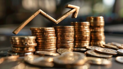 Financial Success Concept with 3D PROFIT Letters, Upward Arrow, and Coins Stacks in Foreground